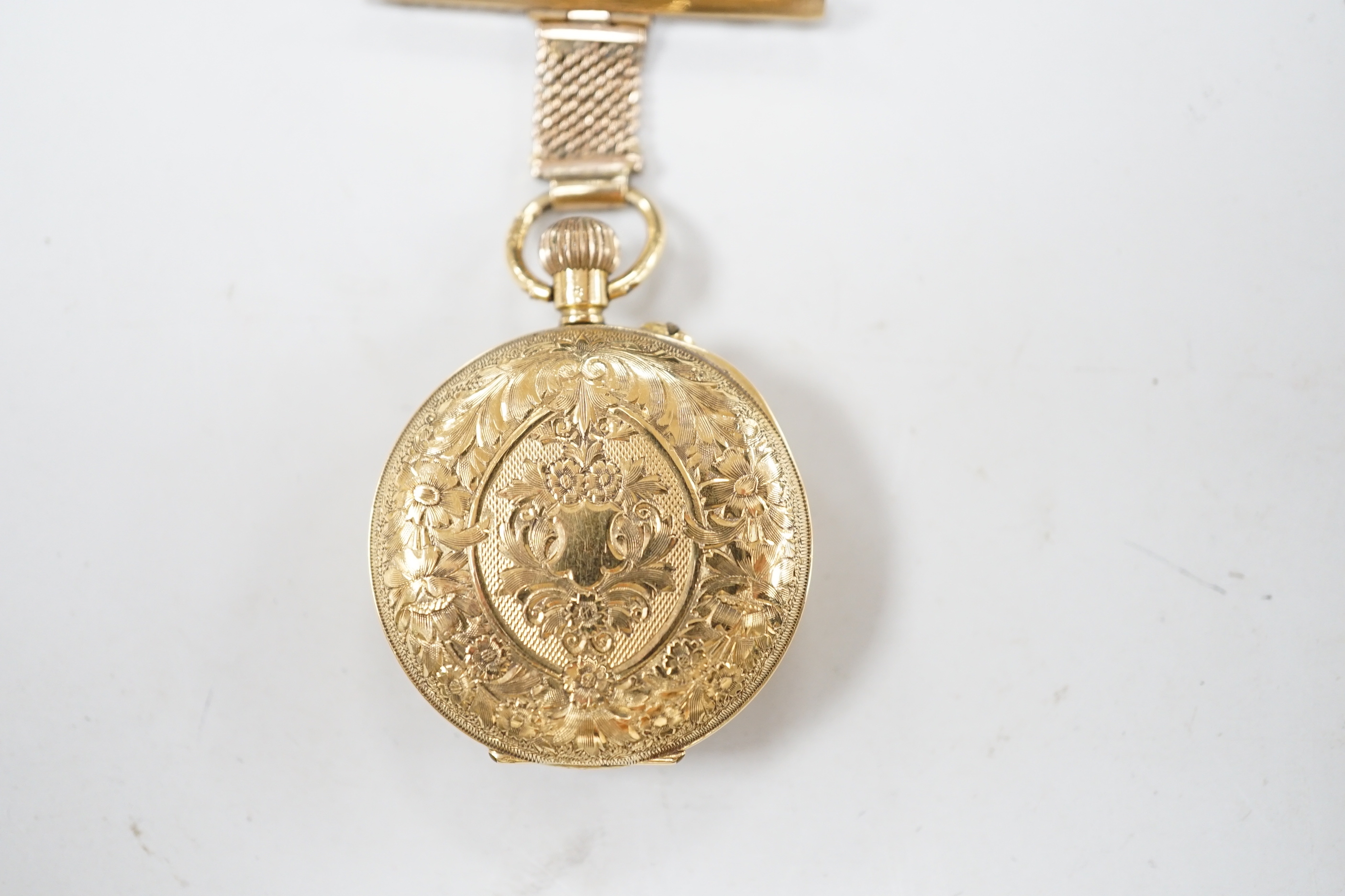 An early 20th century 18ct gold open face fob watch, with Roman dial, on a 9ct suspension brooch, - Image 4 of 4