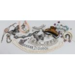 Four assorted 9ct gold and gem set rings, gross weight 6.3 grams, a 925 and rose quartz bracelet,