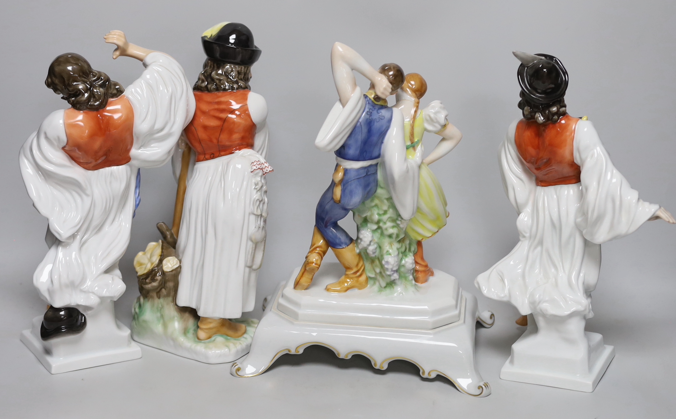 Four vintage Herend figures including pair of dancing figures and a shepherd, each with stamp to the - Image 2 of 4