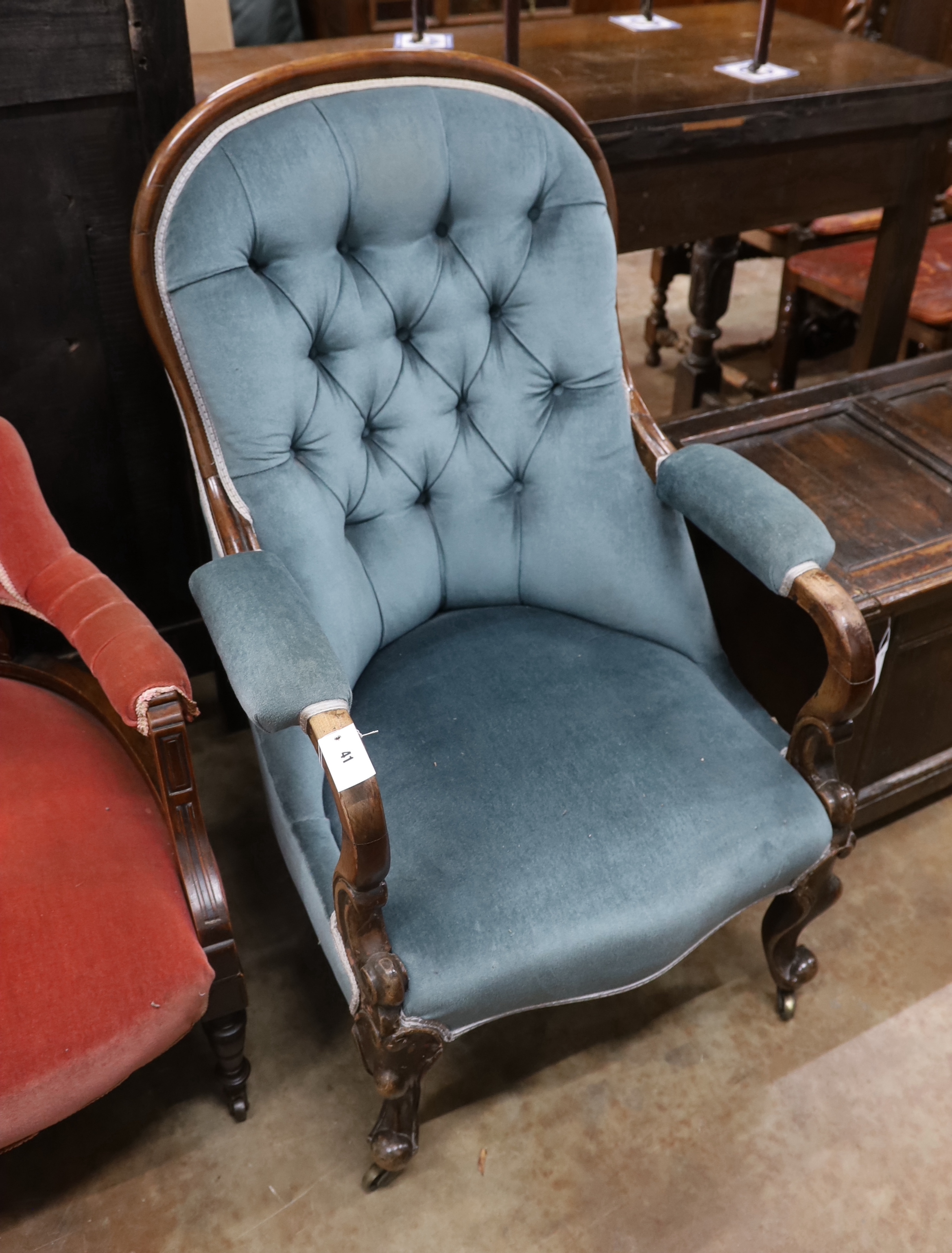 A late Victorian mahogany framed button back armchair, on cabriole legs, width 68cm, depth 72cm, - Image 2 of 2