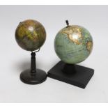 A small German globe on stand and another, tallest 16cm high