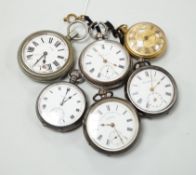 Six assorted pocket watches, including silver by J.W. Benson and gilt metal (a.f.).