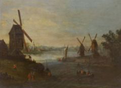 19th century Dutch school, oil on board, River landscape with boats and windmills, Croydon Galleries