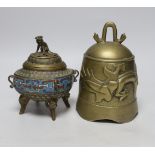 A Japanese champleve enamel and bronze censer and a Chinese bronze bell, tallest 18cm
