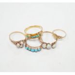 A late Victorian 18ct gold, turquoise and seed pearl set buckle ring, size P and four other yellow