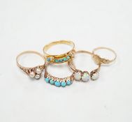 A late Victorian 18ct gold, turquoise and seed pearl set buckle ring, size P and four other yellow