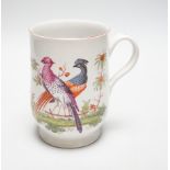 A large 18th century Bow ‘fantastic birds’ porcelain mug, 15cm (a.f)
