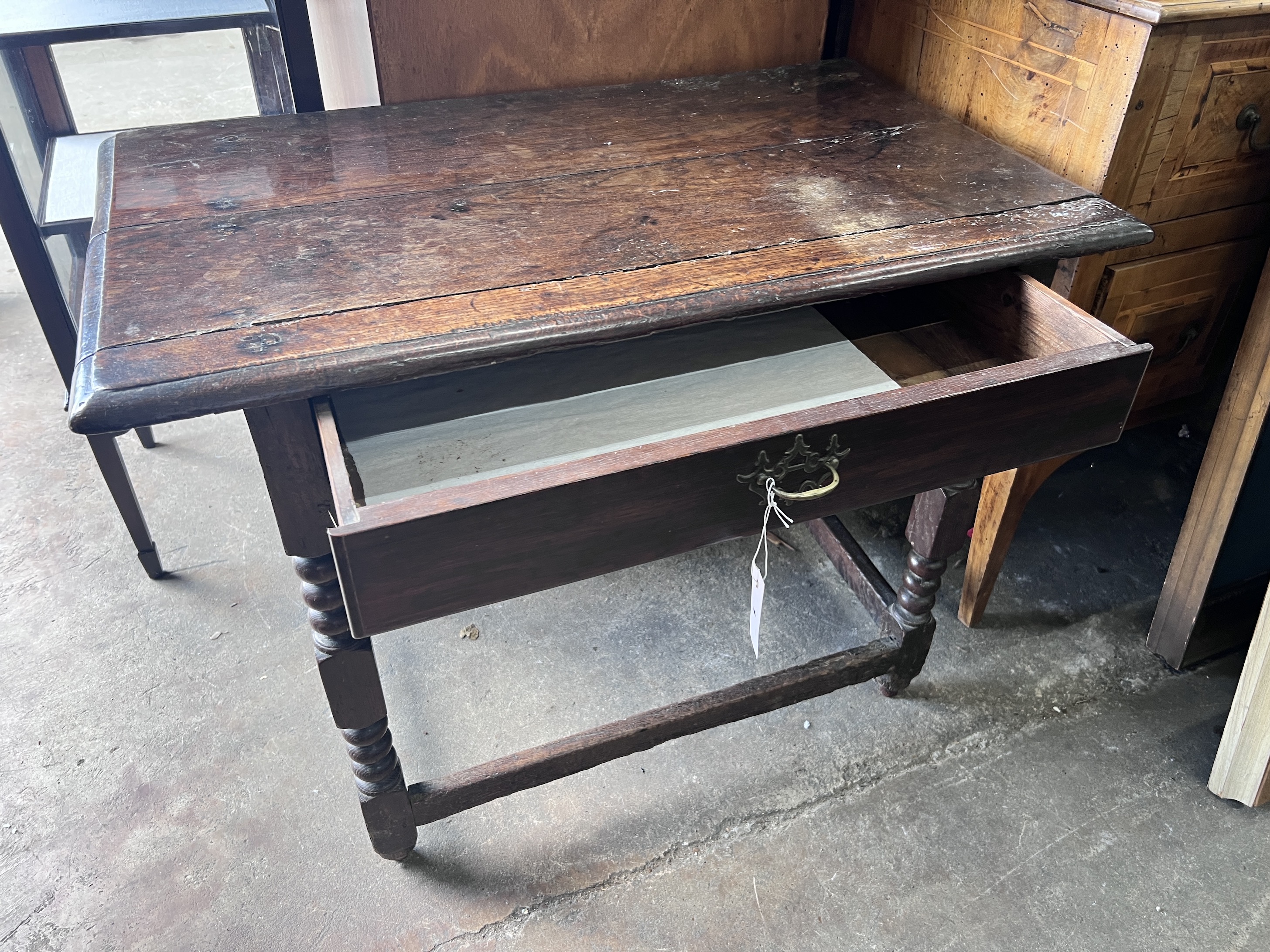 A 17th century oak side table, with bobbin turned legs, width 94cm, depth 54cm, height 69cm - Image 3 of 4