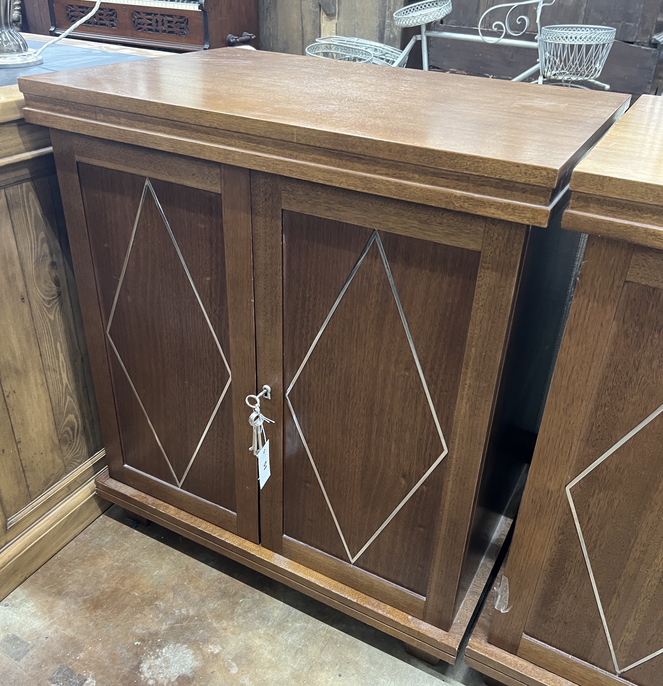 A contemporary South African chrome inlaid mahogany hardwood side cabinet, width 75cm, depth 50cm,