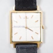 A gentleman's yellow metal (Swiss 750 mark) Jaeger LeCoultre manual wind dress wrist watch, on