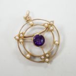 An Edwardian 15ct, amethyst and seed pearl set pendant brooch, overall 36mm, gross weight 4.1 grams,