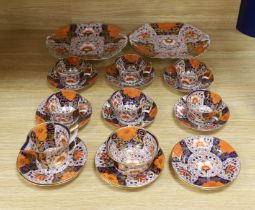 Sampson Hancock Derby King Street teaware - six London-shape cups, saucers, side plates, creamer,