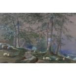 19th century, heightened watercolour, Grazing sheep on a hillside, indistinctly monogrammed,