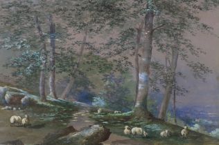 19th century, heightened watercolour, Grazing sheep on a hillside, indistinctly monogrammed,