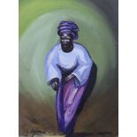 Caribbean school, gouache, Full length portrait of a lady, indistinctly signed, Port of Spain,