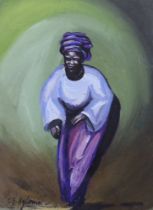 Caribbean school, gouache, Full length portrait of a lady, indistinctly signed, Port of Spain,