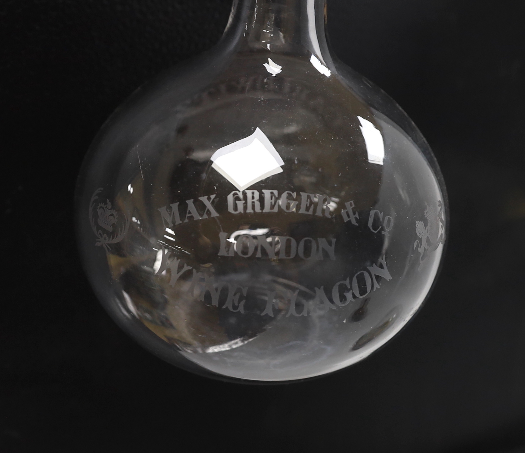 A large engraved, “Max Greger & Co London Wine Flagon”, a small amber glass bottle 1891 and a - Image 4 of 4