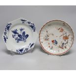 A Bow Two Quail pattern kakiemon style saucer dish, c.1758, and a Bow blue and white octagonal