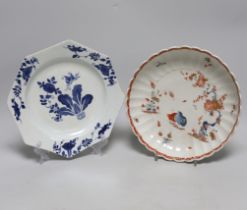 A Bow Two Quail pattern kakiemon style saucer dish, c.1758, and a Bow blue and white octagonal