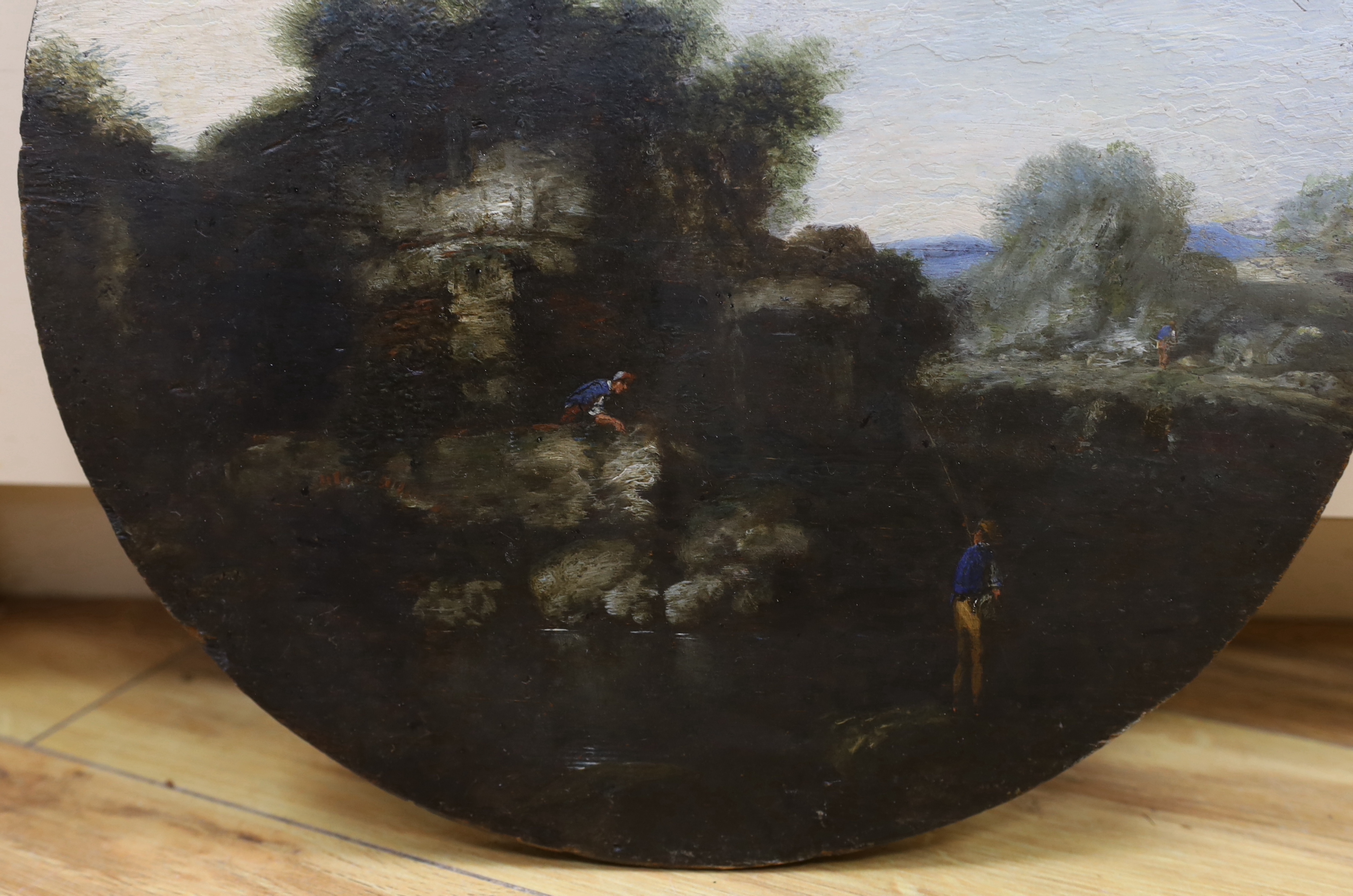 19th century English school, circular oil on wood panel, River landscape with figures fishing, - Image 3 of 3