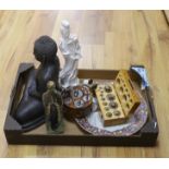 Sundry items including two graduated sets of weights, a ship-in-bottle, a large cast Buddha and a