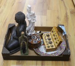 Sundry items including two graduated sets of weights, a ship-in-bottle, a large cast Buddha and a