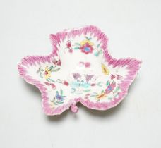 A Bow polychrome enamelled leaf shaped pickle dish, c.1760