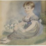 Early 19th century English School, watercolour, Seated girl holding a basket of flowers, 13cm x