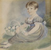 Early 19th century English School, watercolour, Seated girl holding a basket of flowers, 13cm x