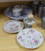 An 18th century Chinese blue and white basin, two plates, and an early 20th century Chinese