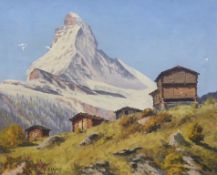 Albert Duplain (Swiss, 1890-1978), oil on canvas, Alps scene with chalets, 49 x 40cm