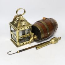 A brass lantern, a brass bound barrel and two other items, lantern 21.5cm high