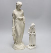 A Derby biscuit figure of a female gardener, c.1780, and a Copeland Parian female figure, the
