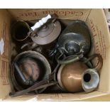 Assorted brass and copper ware including kettles and a jug