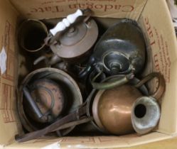 Assorted brass and copper ware including kettles and a jug