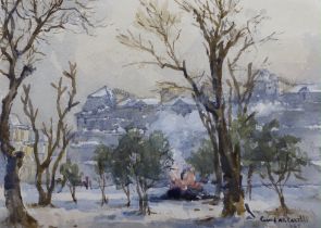 Conrad H. R. Carelli (1869-1956), watercolour, Bonfire in a London Square, signed and dated 1947,