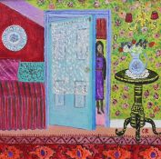 Celeste Radloff (South African 1930-1994), naive oil on board, Interior, Girl in a Doorway,