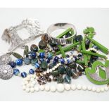 A mixed group of jewellery including graduated white coral bead necklace, bloodstone necklace,