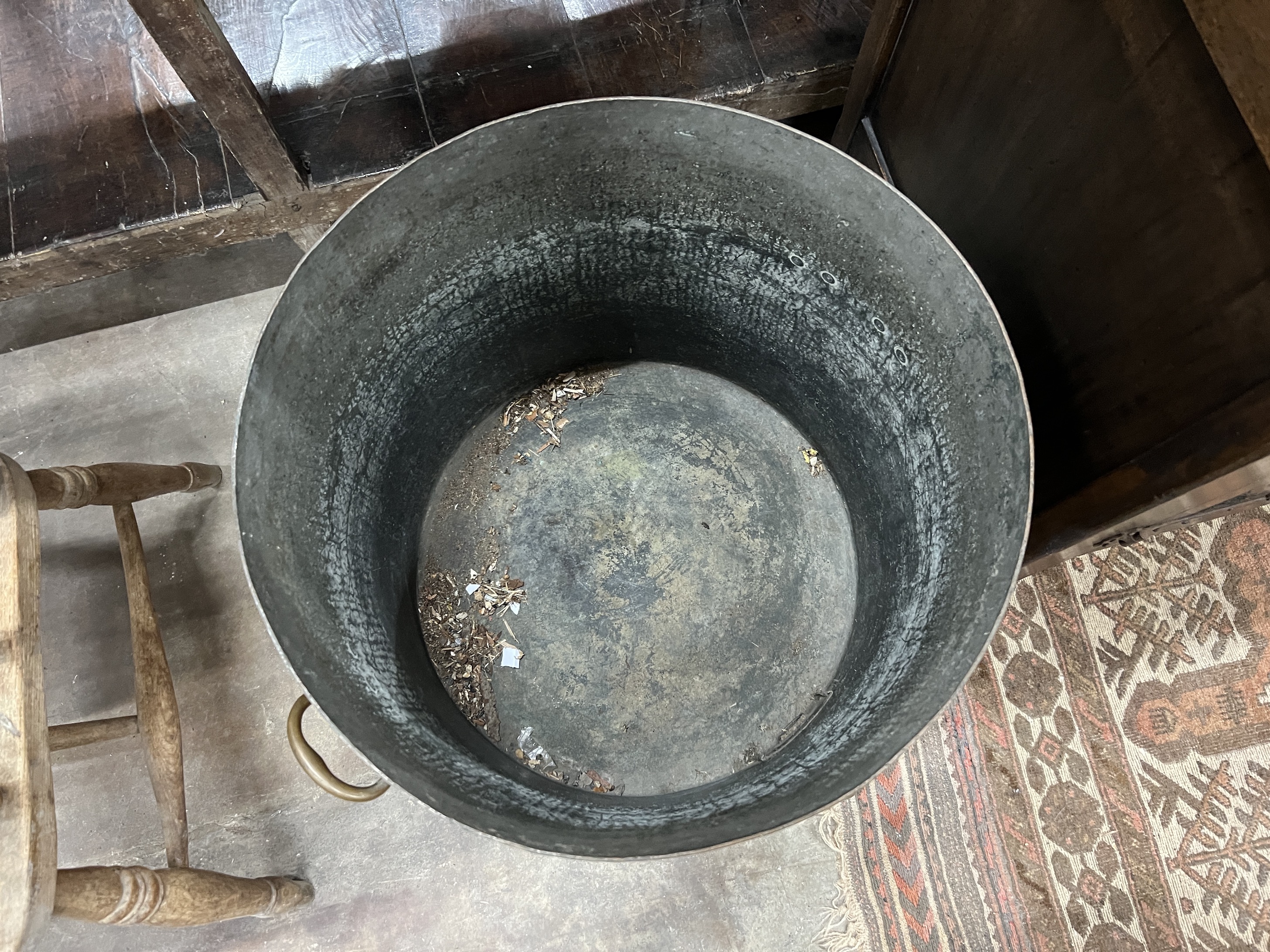 A large Victorian circular hammered copper cauldron with brass spigot, diameter 52cm, height 52cm - Image 3 of 3