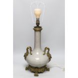 A crackle-glaze lamp with gilt mask design twin handles, 48cm high