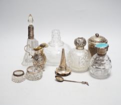 Sundry items including a German 800 white metal cream jug, three mounted glass scent bottles