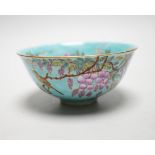 A Chinese turquoise ground famille rose bowl, 12cm diameter