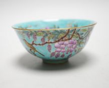 A Chinese turquoise ground famille rose bowl, 12cm diameter