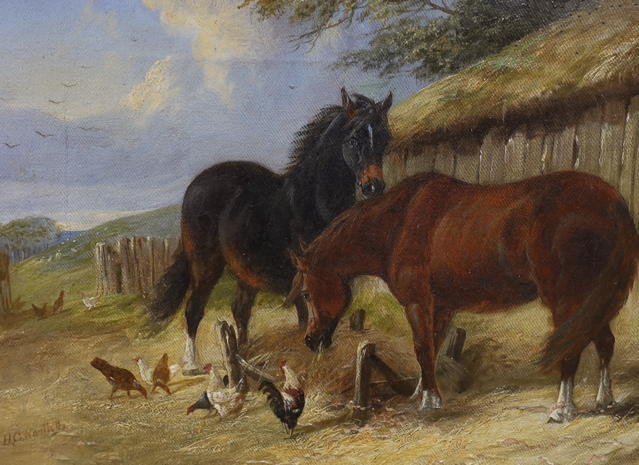 Henry Charles Woollett (1826 - 1893) pair of oils on canvas, Farmyard scenes with horses and - Image 3 of 3