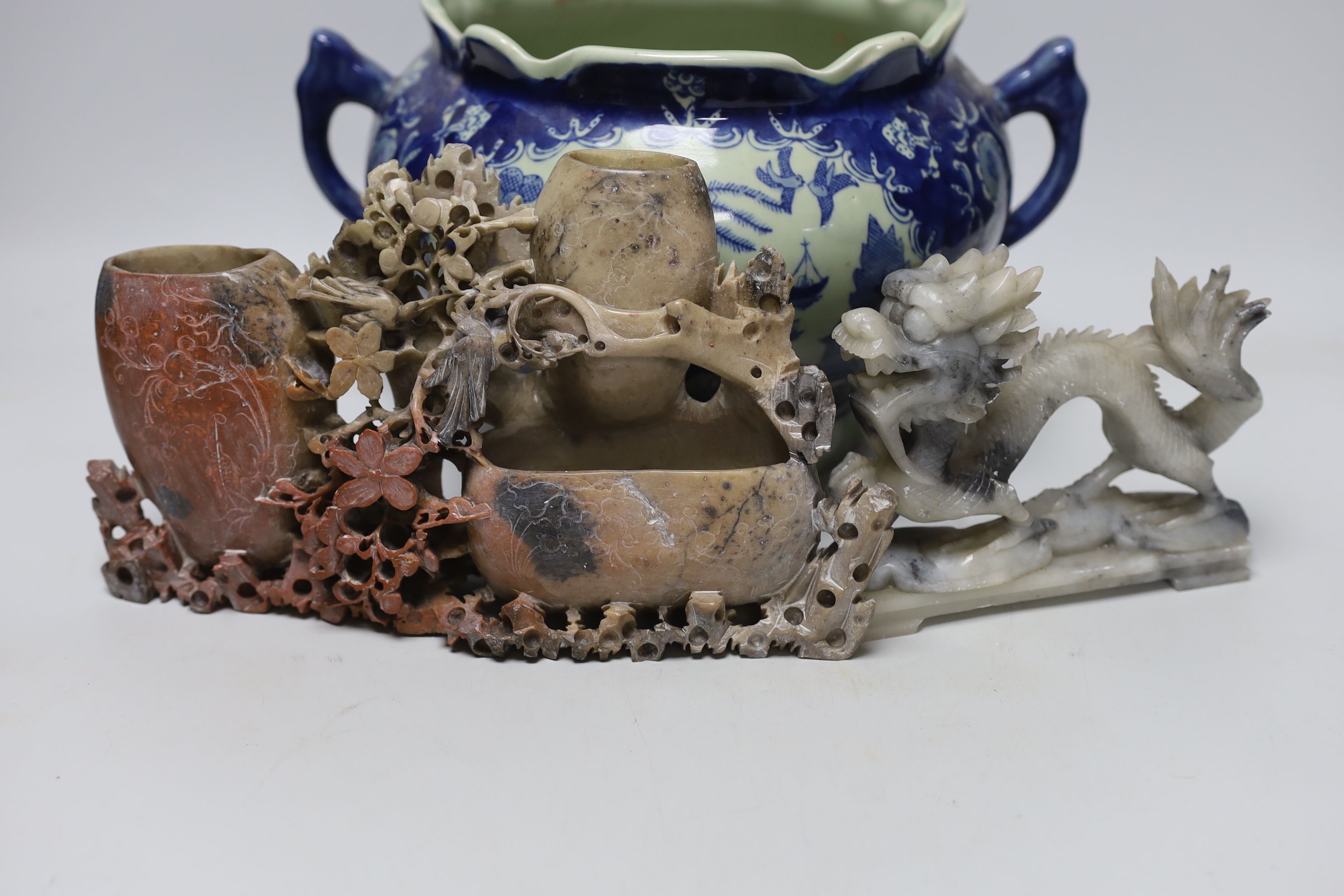 Five Chinese soapstone carvings and a two handled pot - Image 4 of 6