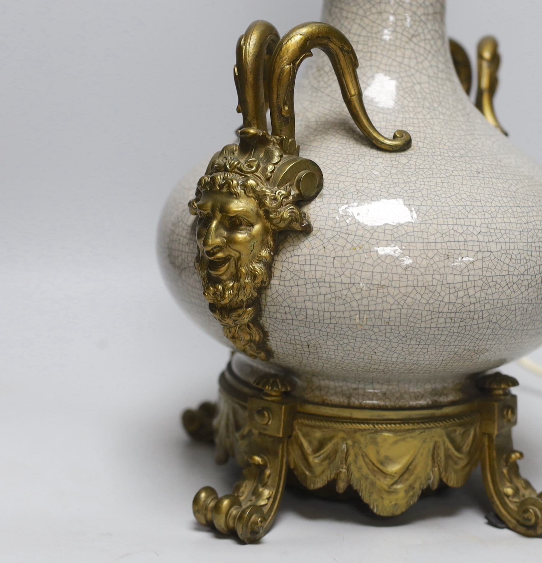 A crackle-glaze lamp with gilt mask design twin handles, 48cm high - Image 2 of 3