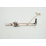 An Edwardian yellow metal, sapphire and diamond cluster fox head and riding crop bar brooch, with