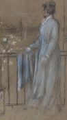 Attributed to Walter Greaves (1846-1930), heightened pastel, Lady in blue beside railings, 25cm x