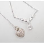 Two modern white metal (stamped 375) and gem set pendant necklaces, including a diamond chip set