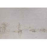 Manner of George Chinnery (1774-1852) pencil and ink, Chinese river landscape before mountains,
